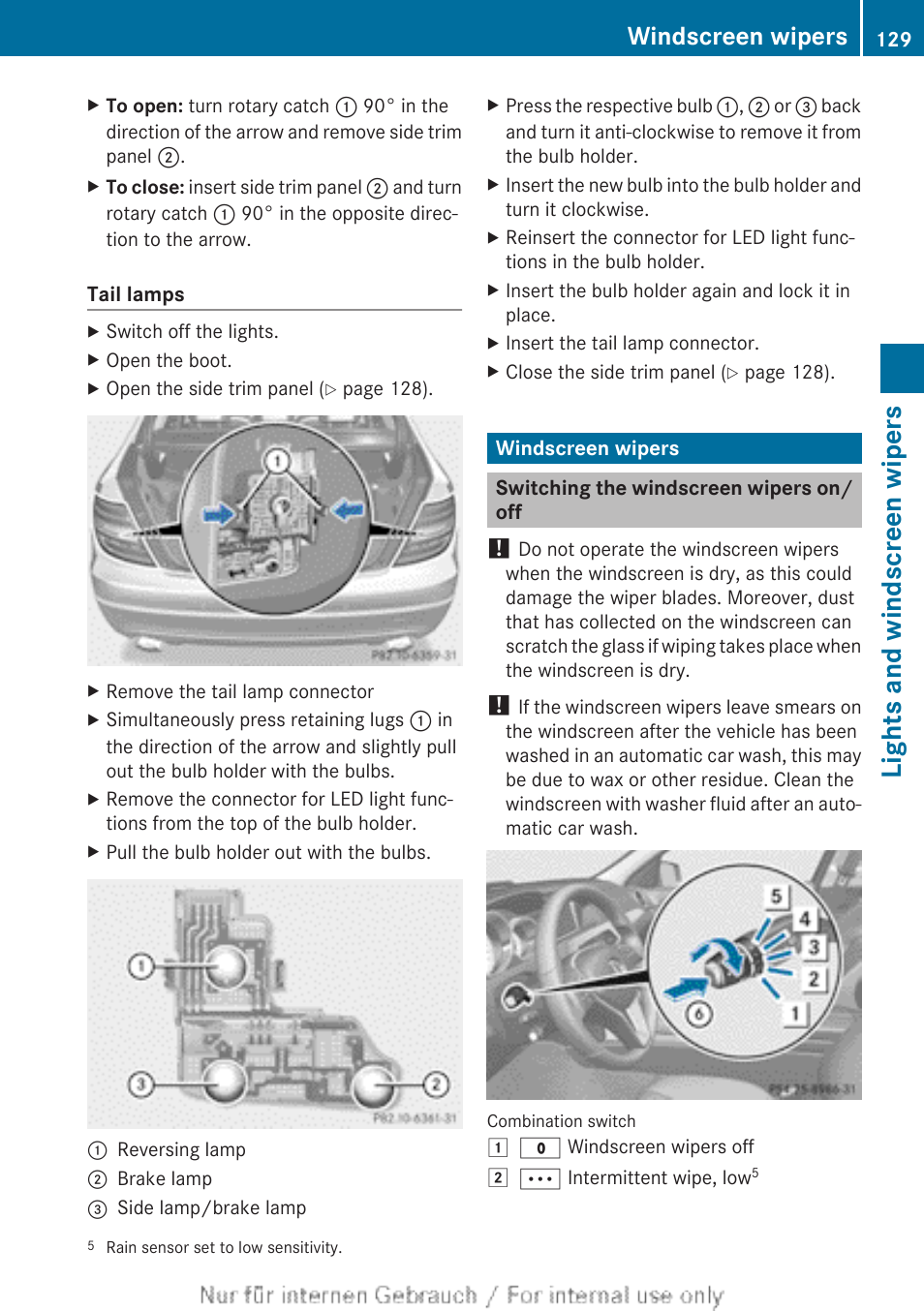 Windscreen wipers, Switching the windscreen wipers on/off, Engine is running | Lights and windscreen wipers | Mercedes-Benz 2013 C Class Coupe User Manual | Page 131 / 388