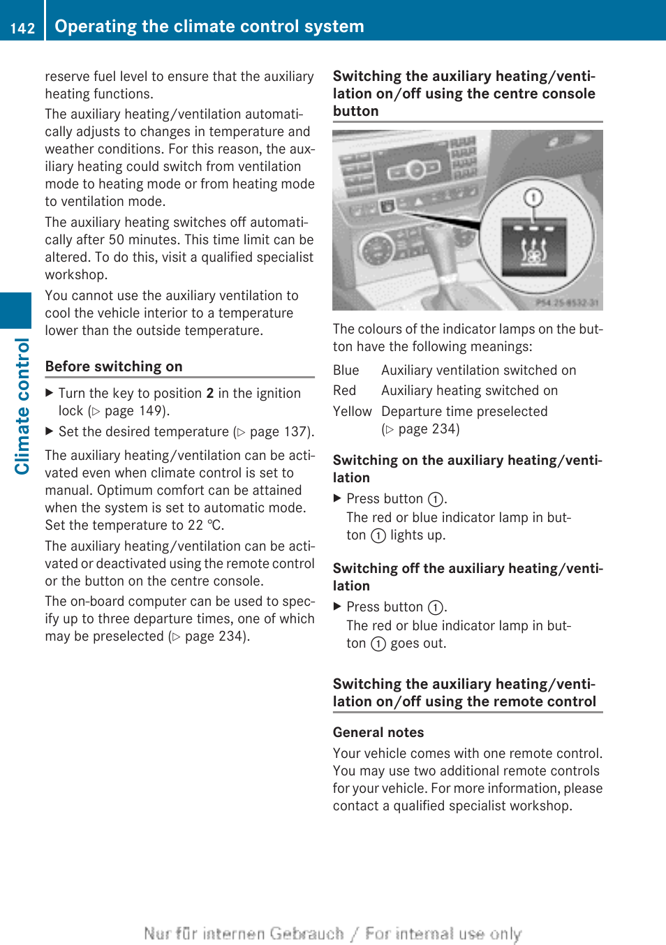 Auxiliary heating/ventilation, Climate control, Operating the climate control system | Mercedes-Benz 2013 C Class Coupe User Manual | Page 144 / 388