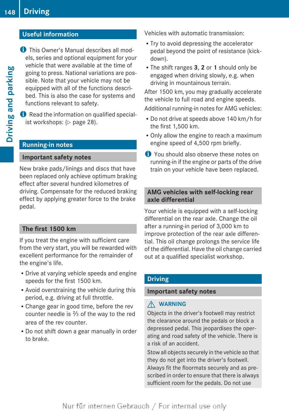 Driving and parking, Useful information, Running-in notes | Important safety notes, The first1500 km, Driving, Useful information running-in notes driving | Mercedes-Benz 2013 C Class Coupe User Manual | Page 150 / 388