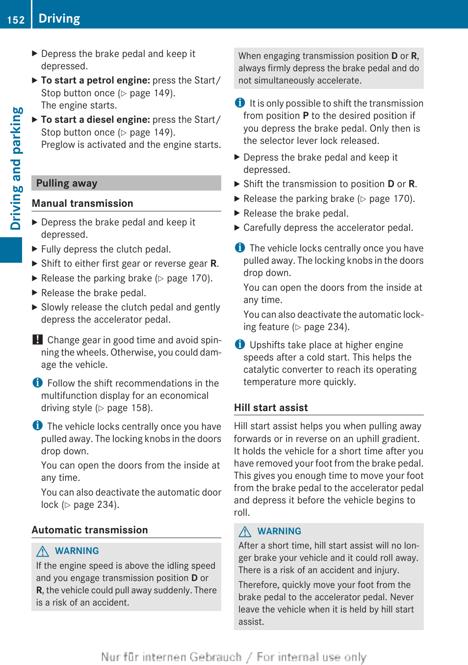 Pulling away, Manual transmission, Hill start assist | Driving and parking, Driving | Mercedes-Benz 2013 C Class Coupe User Manual | Page 154 / 388