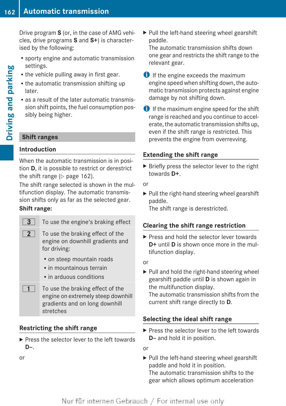 Shift ranges, Selector lever, Driving and parking | Automatic transmission | Mercedes-Benz 2013 C Class Coupe User Manual | Page 164 / 388