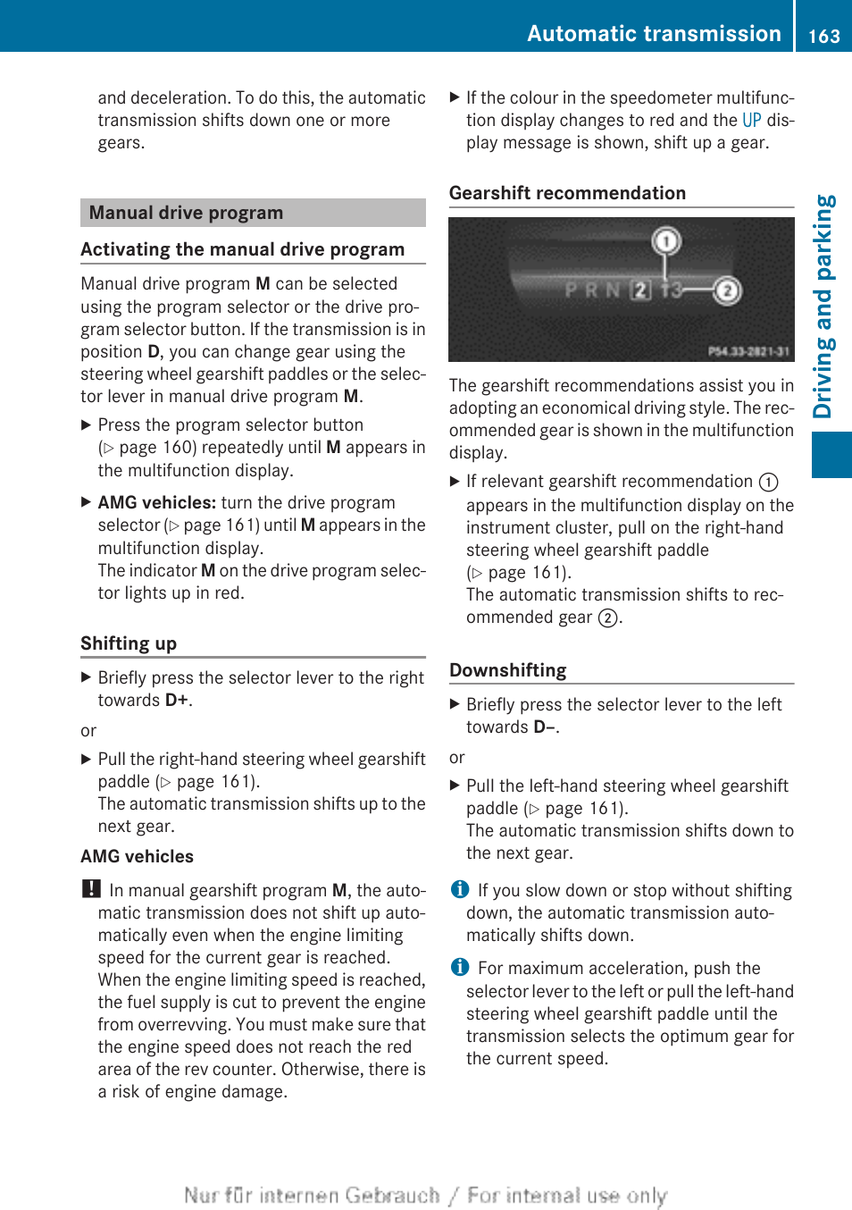 Manual drive program, Dles or the selector lever, Driving and parking | Automatic transmission | Mercedes-Benz 2013 C Class Coupe User Manual | Page 165 / 388