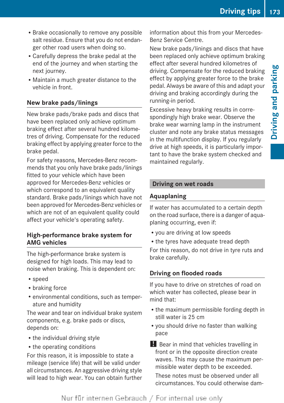 Driving on wet roads, Driving and parking, Driving tips | Mercedes-Benz 2013 C Class Coupe User Manual | Page 175 / 388