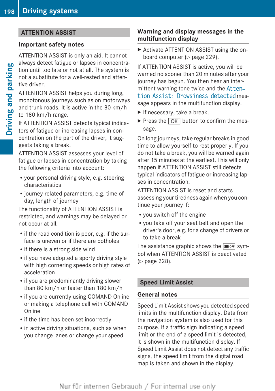 Attention assist, Speed limit assist, Driving and parking | Driving systems | Mercedes-Benz 2013 C Class Coupe User Manual | Page 200 / 388