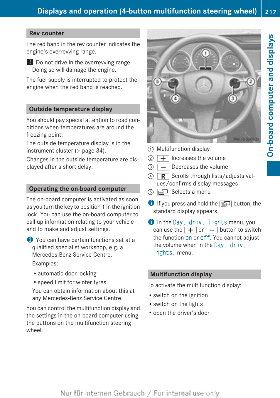 Rev counter, Outside temperature display, Operating the on-board computer | Multifunction display, On-board computer and displays | Mercedes-Benz 2013 C Class Coupe User Manual | Page 219 / 388