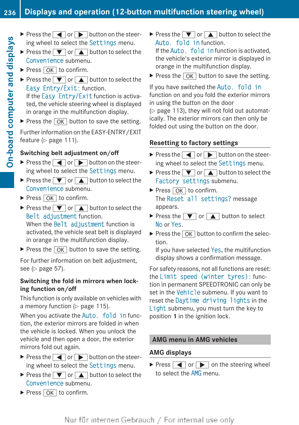 Amg menu in amg vehicles, Amg) 236, Using the on-board computer | Computer, Menu in amg vehicles, On-board computer and displays | Mercedes-Benz 2013 C Class Coupe User Manual | Page 238 / 388