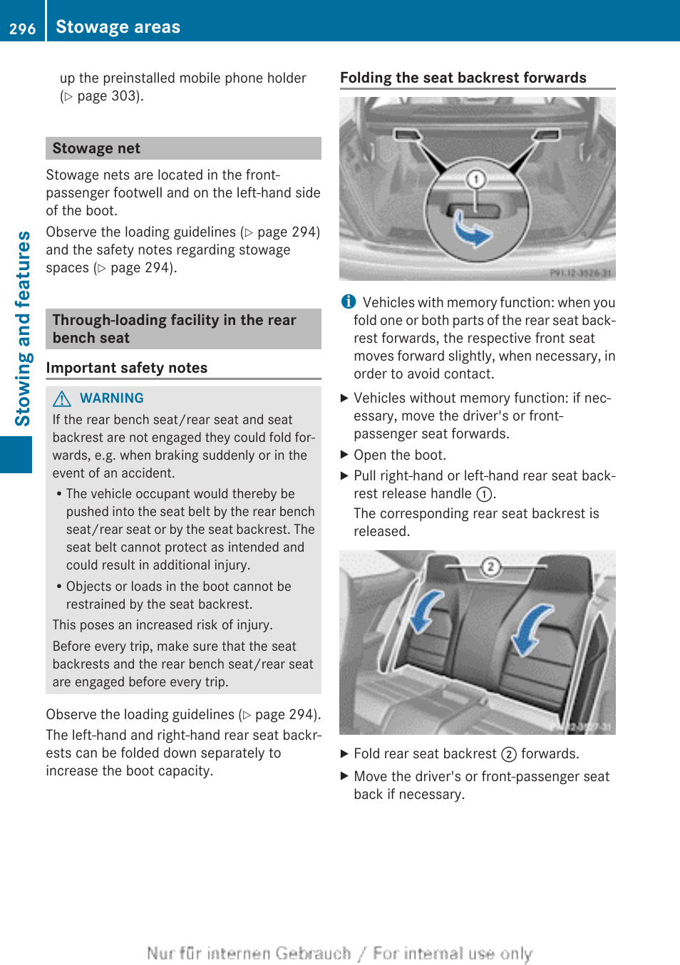 Stowage net, Through-loading facility in the rear bench seat, Stowing and features | Stowage areas | Mercedes-Benz 2013 C Class Coupe User Manual | Page 298 / 388