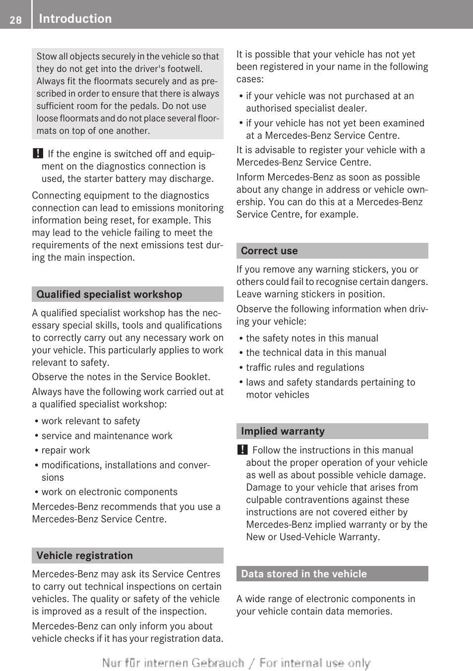 Qualified specialist workshop, Vehicle registration, Correct use | Implied warranty, Data stored in the vehicle, Introduction | Mercedes-Benz 2013 C Class Coupe User Manual | Page 30 / 388