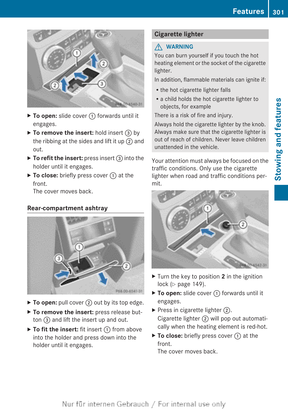 Cigarette lighter, Stowing and features, Features | Mercedes-Benz 2013 C Class Coupe User Manual | Page 303 / 388