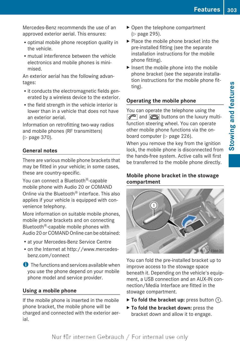 Stowing and features, Features | Mercedes-Benz 2013 C Class Coupe User Manual | Page 305 / 388