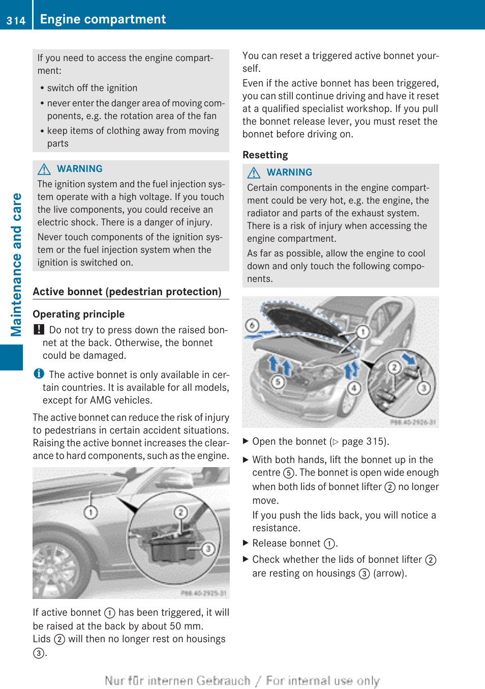 Reset the bonnet, Maintenance and care, Engine compartment | Mercedes-Benz 2013 C Class Coupe User Manual | Page 316 / 388