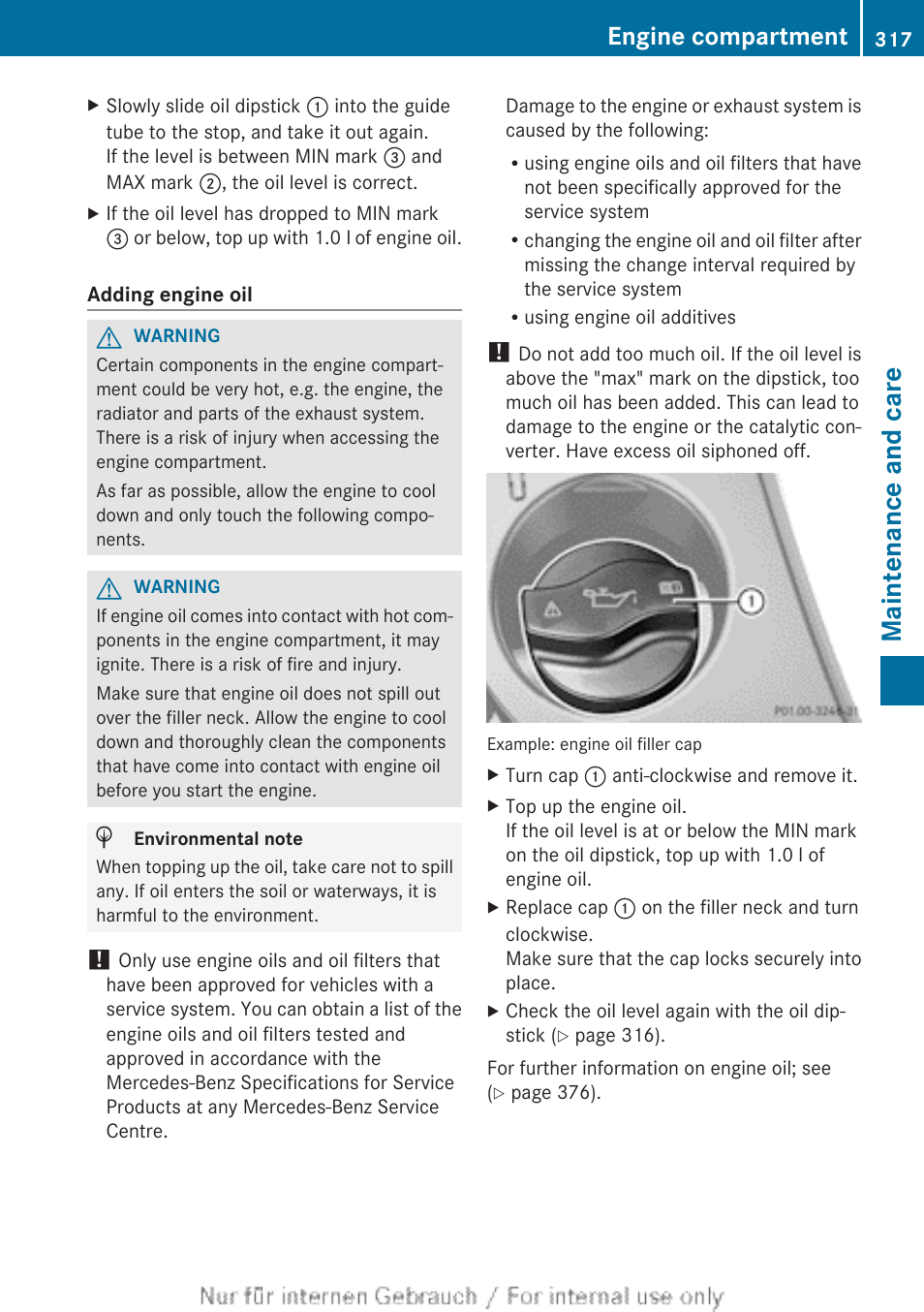 If necessary, top up the engine oil, Maintenance and care, Engine compartment | Mercedes-Benz 2013 C Class Coupe User Manual | Page 319 / 388