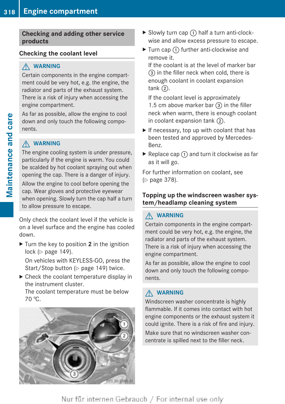 Checking and adding other service products, Top up the washer fluid, Check the coolant level and top up the coolant | Maintenance and care, Engine compartment | Mercedes-Benz 2013 C Class Coupe User Manual | Page 320 / 388