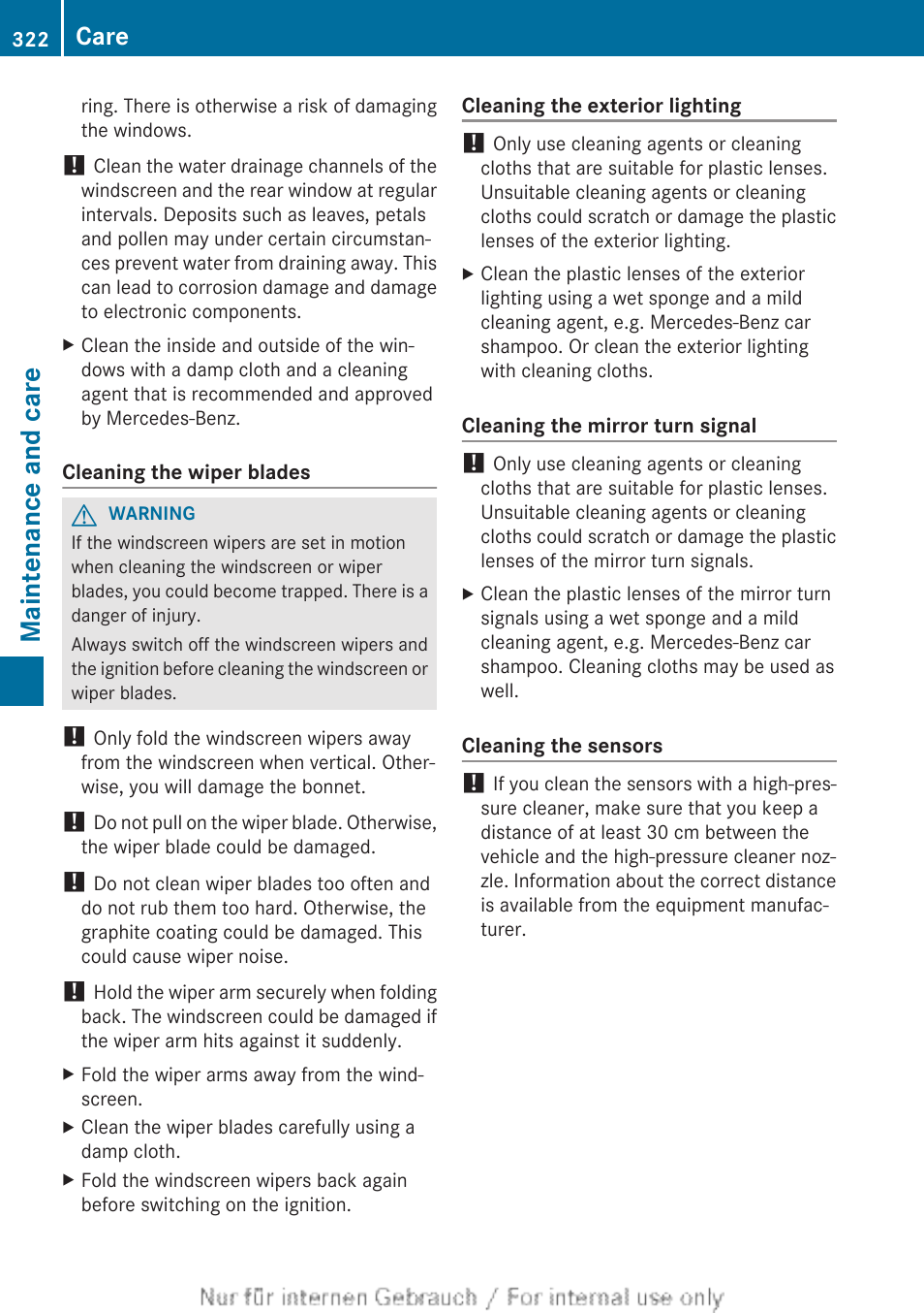 Clean the parktronic sensors, Clean the sensors, Maintenance and care | Care | Mercedes-Benz 2013 C Class Coupe User Manual | Page 324 / 388