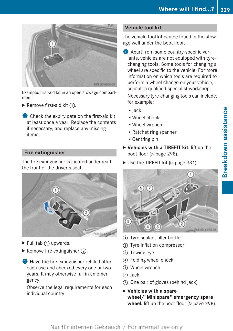 Fire extinguisher, Vehicle tool kit, Breakdown assistance | Where will i find | Mercedes-Benz 2013 C Class Coupe User Manual | Page 331 / 388