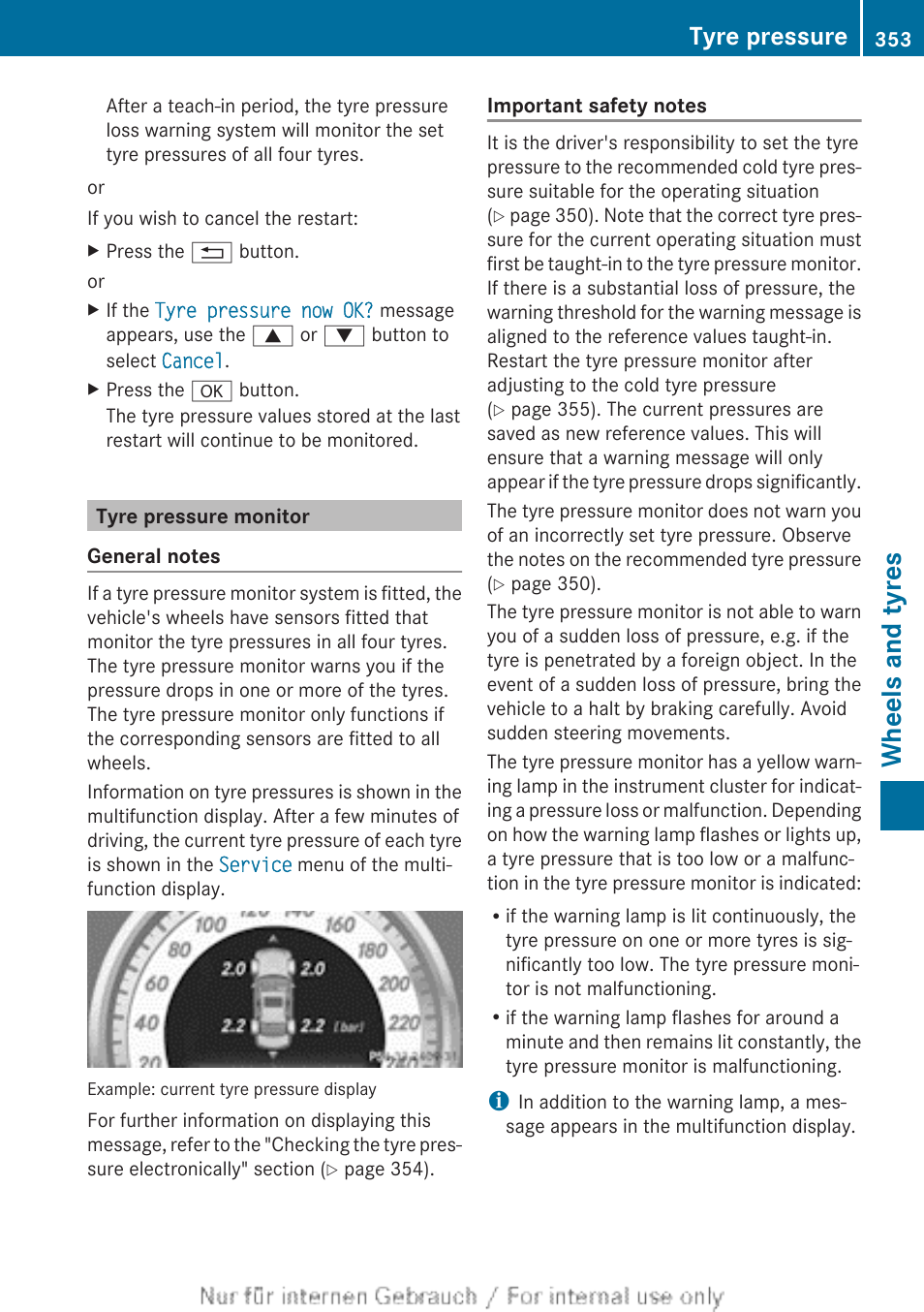 Tyre pressure monitor, Check the tyre pressure, Wheels and tyres | Tyre pressure | Mercedes-Benz 2013 C Class Coupe User Manual | Page 355 / 388