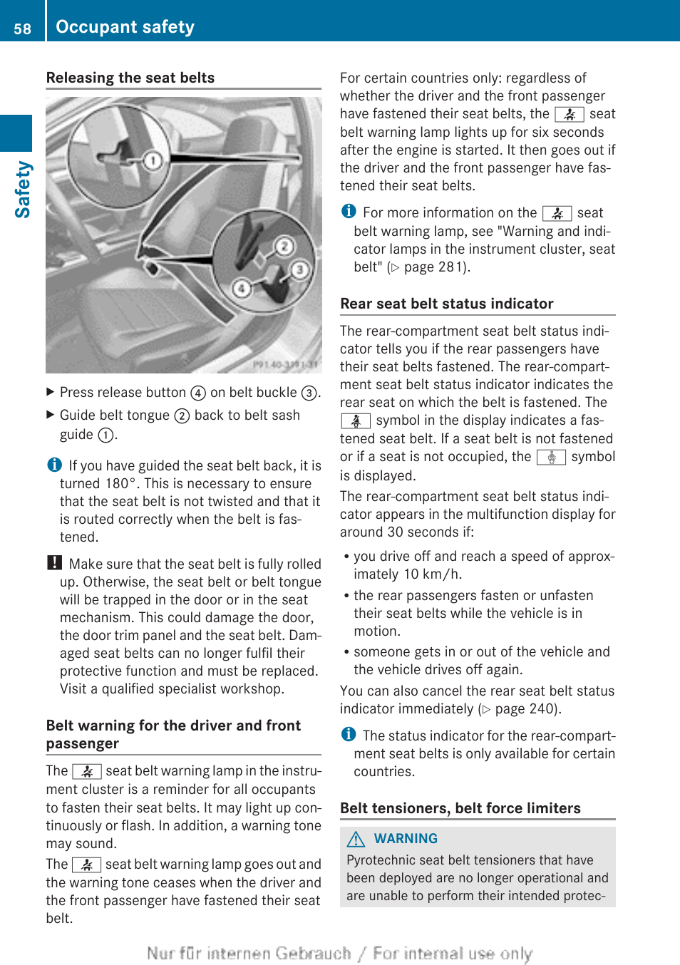 Seat belts, Safety, Occupant safety | Mercedes-Benz 2013 C Class Coupe User Manual | Page 60 / 388