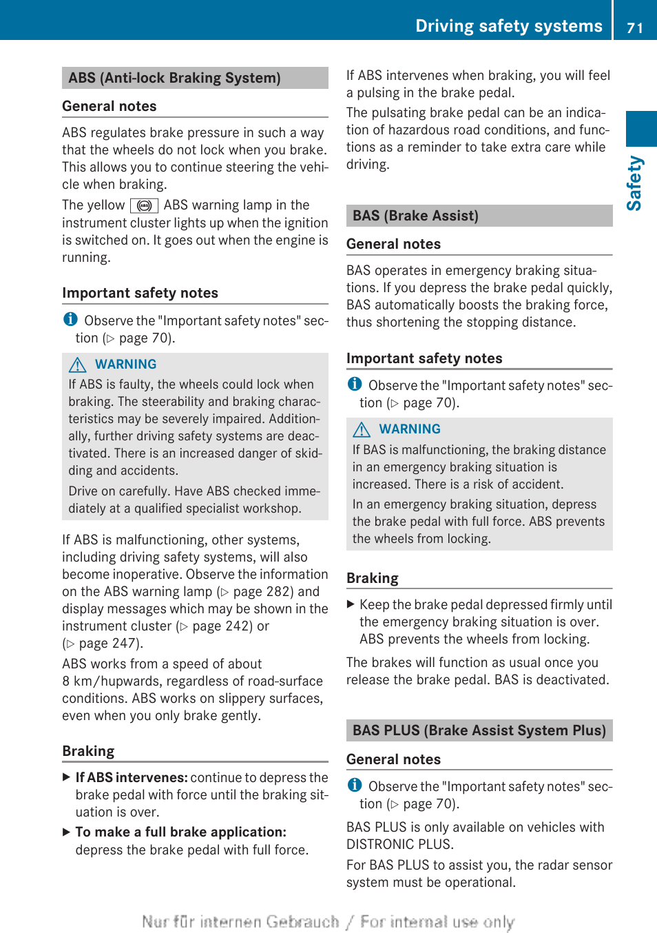 Abs (anti-lock braking system), Bas (brake assist), Bas plus (brake assist system plus) | Safety, Driving safety systems | Mercedes-Benz 2013 C Class Coupe User Manual | Page 73 / 388