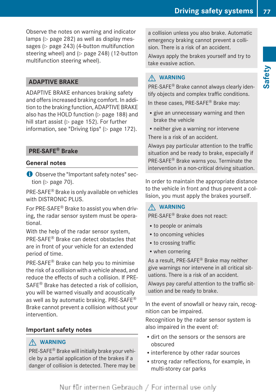 Adaptive brake, Pre-safe® brake, Safety | Driving safety systems | Mercedes-Benz 2013 C Class Coupe User Manual | Page 79 / 388