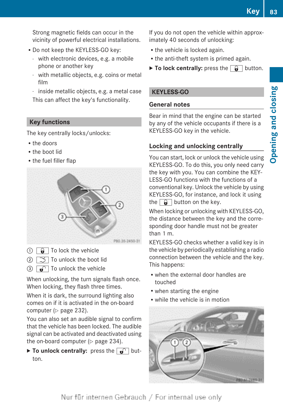 Key functions, Keyless-go, Opening and closing | Mercedes-Benz 2013 C Class Coupe User Manual | Page 85 / 388