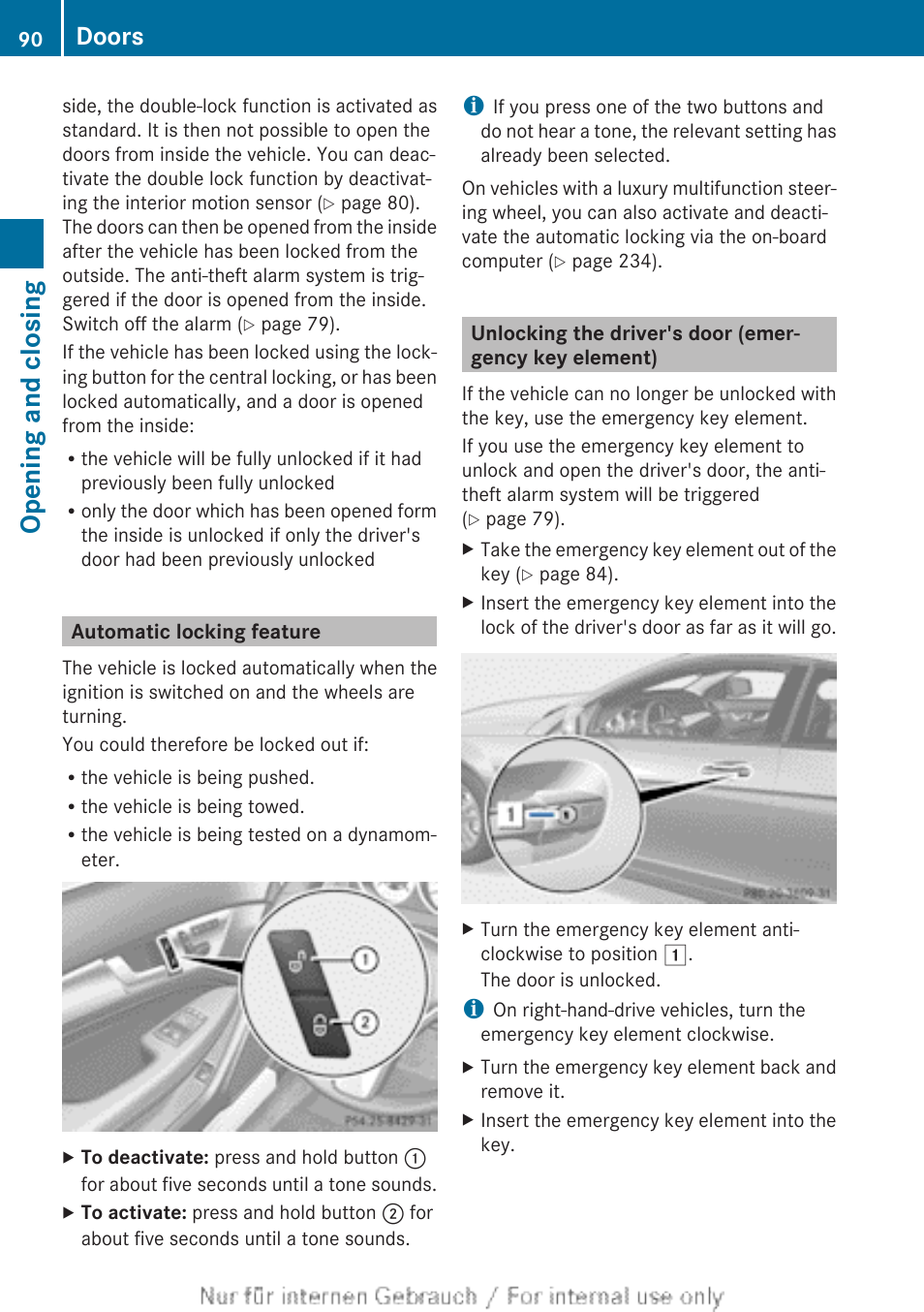 Automatic locking feature, Lock, Opening and closing | Doors | Mercedes-Benz 2013 C Class Coupe User Manual | Page 92 / 388