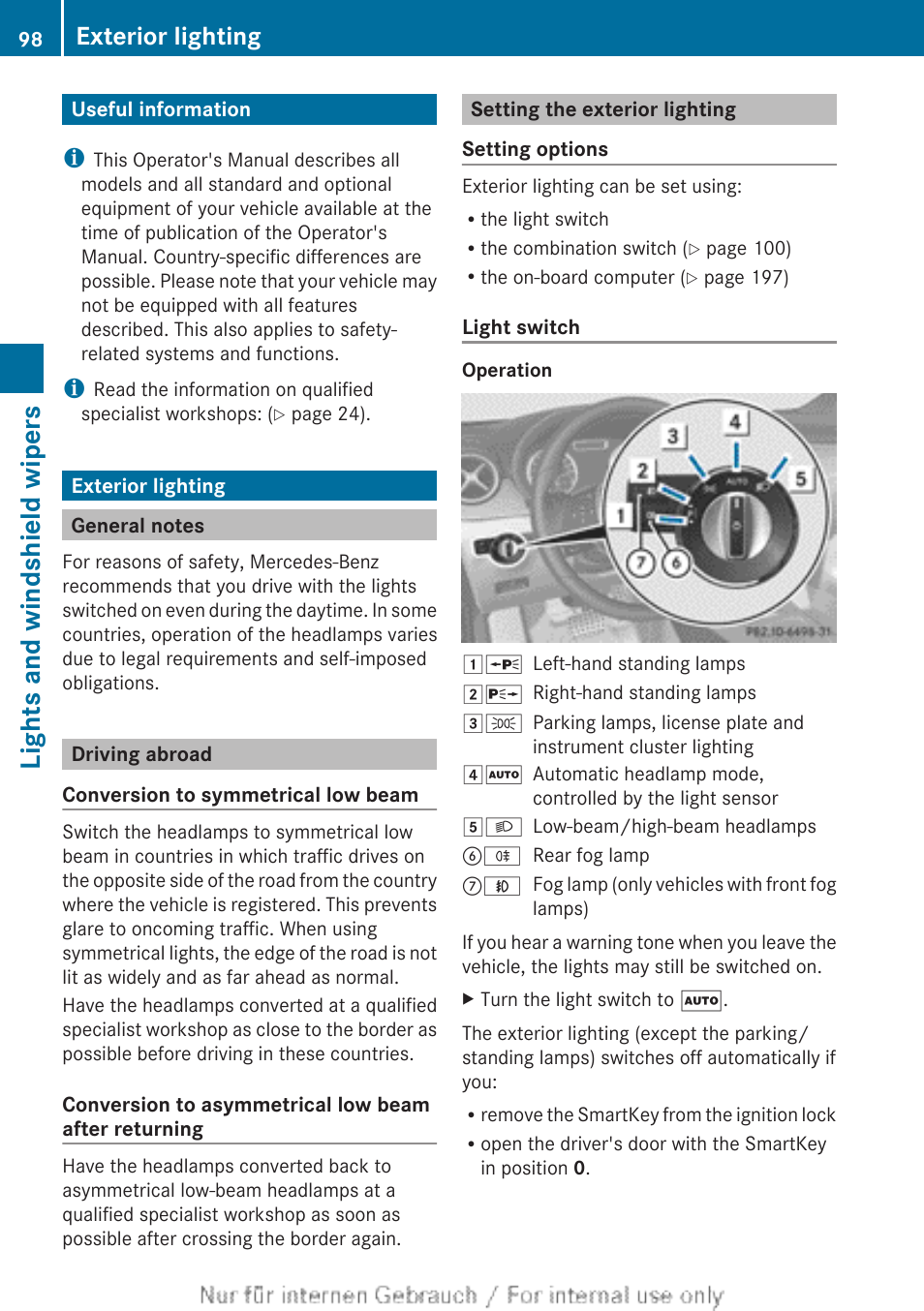 Lights and windshield wipers, Useful information, Exterior lighting | General notes, Driving abroad, Setting the exterior lighting | Mercedes-Benz 2012 B Class User Manual | Page 100 / 340