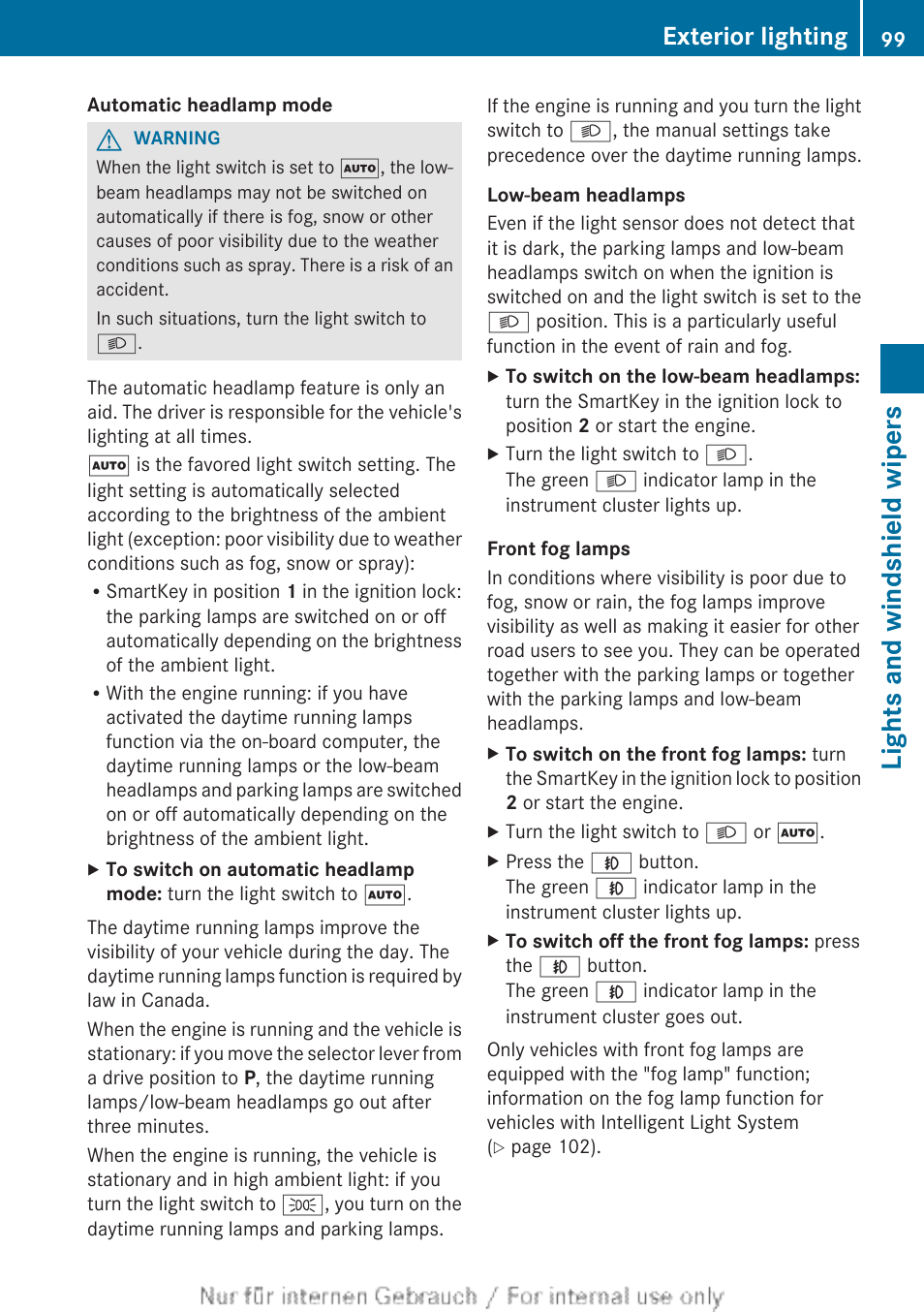 Lights and windshield wipers, Exterior lighting | Mercedes-Benz 2012 B Class User Manual | Page 101 / 340