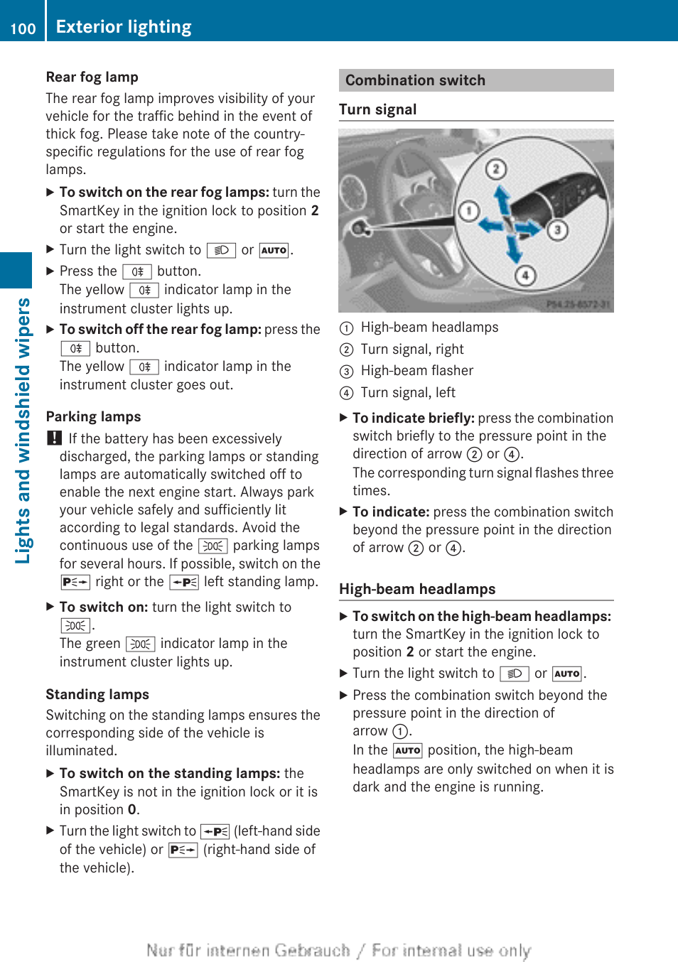 Combination switch, Lights and windshield wipers, Exterior lighting | Mercedes-Benz 2012 B Class User Manual | Page 102 / 340