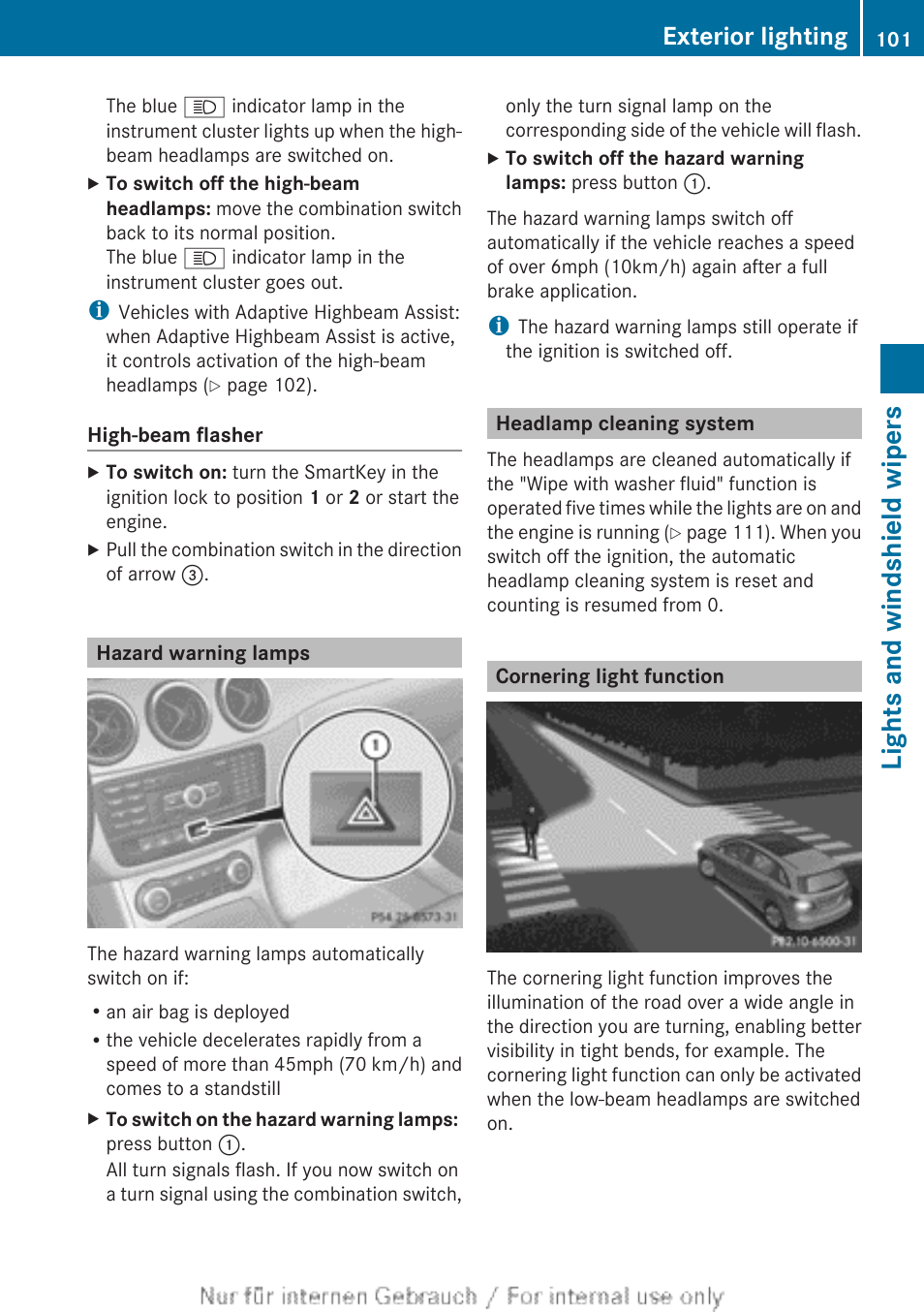 Hazard warning lamps, Headlamp cleaning system, Cornering light function | Lights and windshield wipers, Exterior lighting | Mercedes-Benz 2012 B Class User Manual | Page 103 / 340