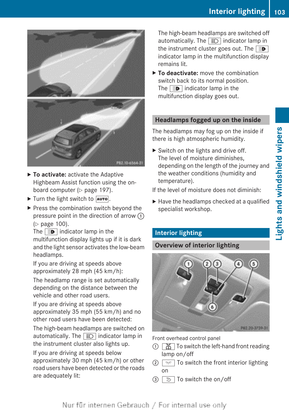 Headlamps fogged up on the inside, Interior lighting, Overview of interior lighting | Lights and windshield wipers | Mercedes-Benz 2012 B Class User Manual | Page 105 / 340