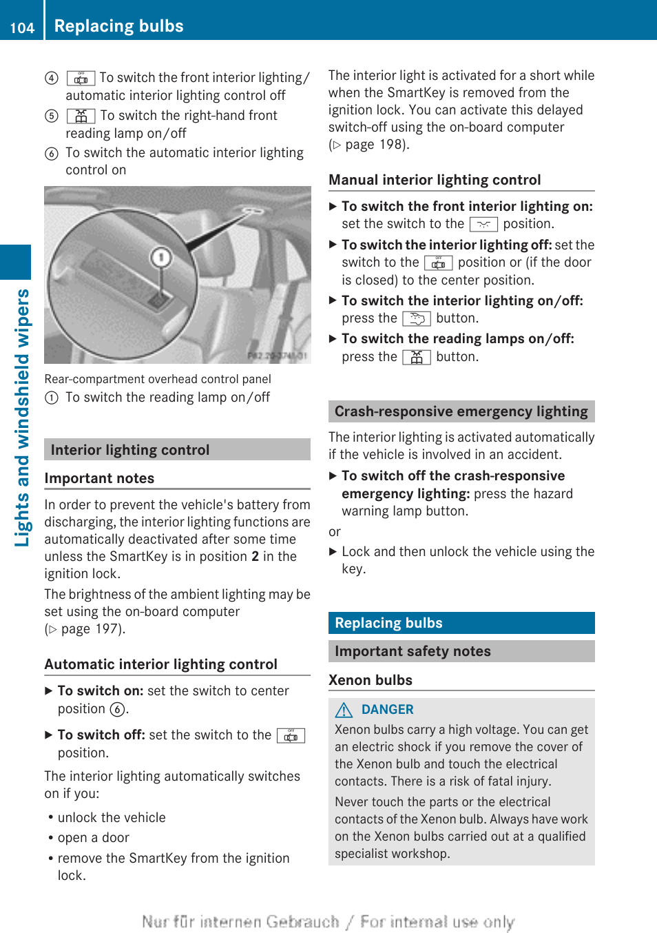 Interior lighting control, Crash-responsive emergency lighting, Replacing bulbs | Important safety notes, Lights and windshield wipers | Mercedes-Benz 2012 B Class User Manual | Page 106 / 340