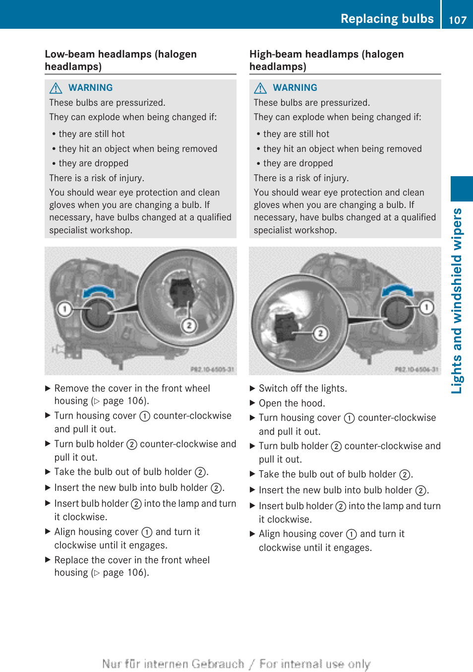 Lights and windshield wipers, Replacing bulbs | Mercedes-Benz 2012 B Class User Manual | Page 109 / 340