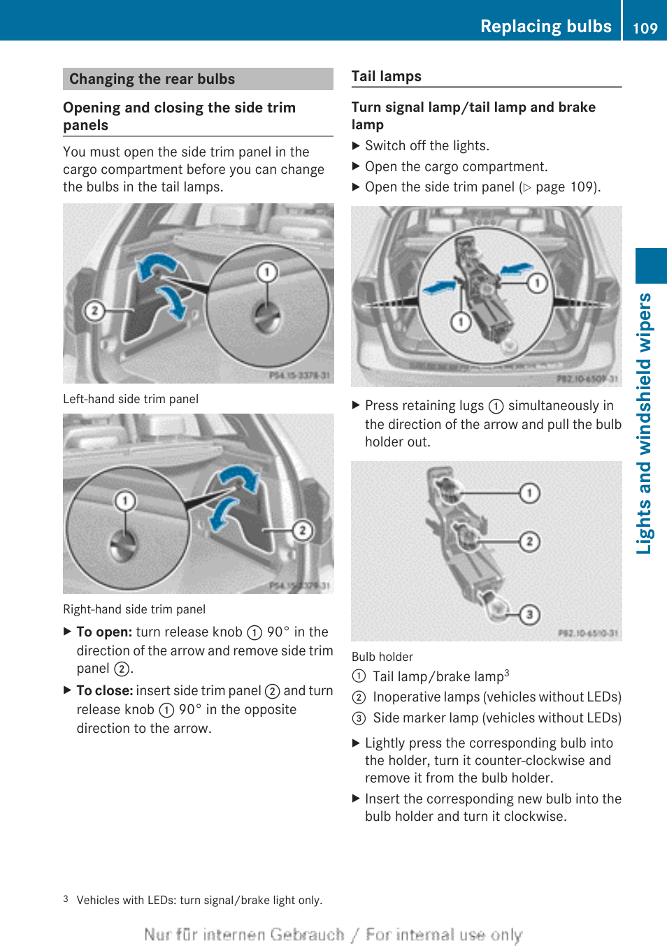 Changing the rear bulbs, Lights and windshield wipers, Replacing bulbs | Mercedes-Benz 2012 B Class User Manual | Page 111 / 340