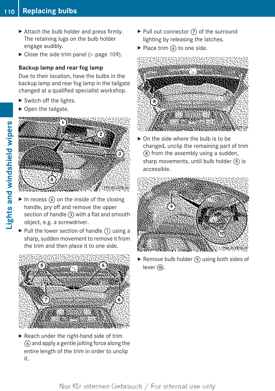 Lights and windshield wipers, Replacing bulbs | Mercedes-Benz 2012 B Class User Manual | Page 112 / 340