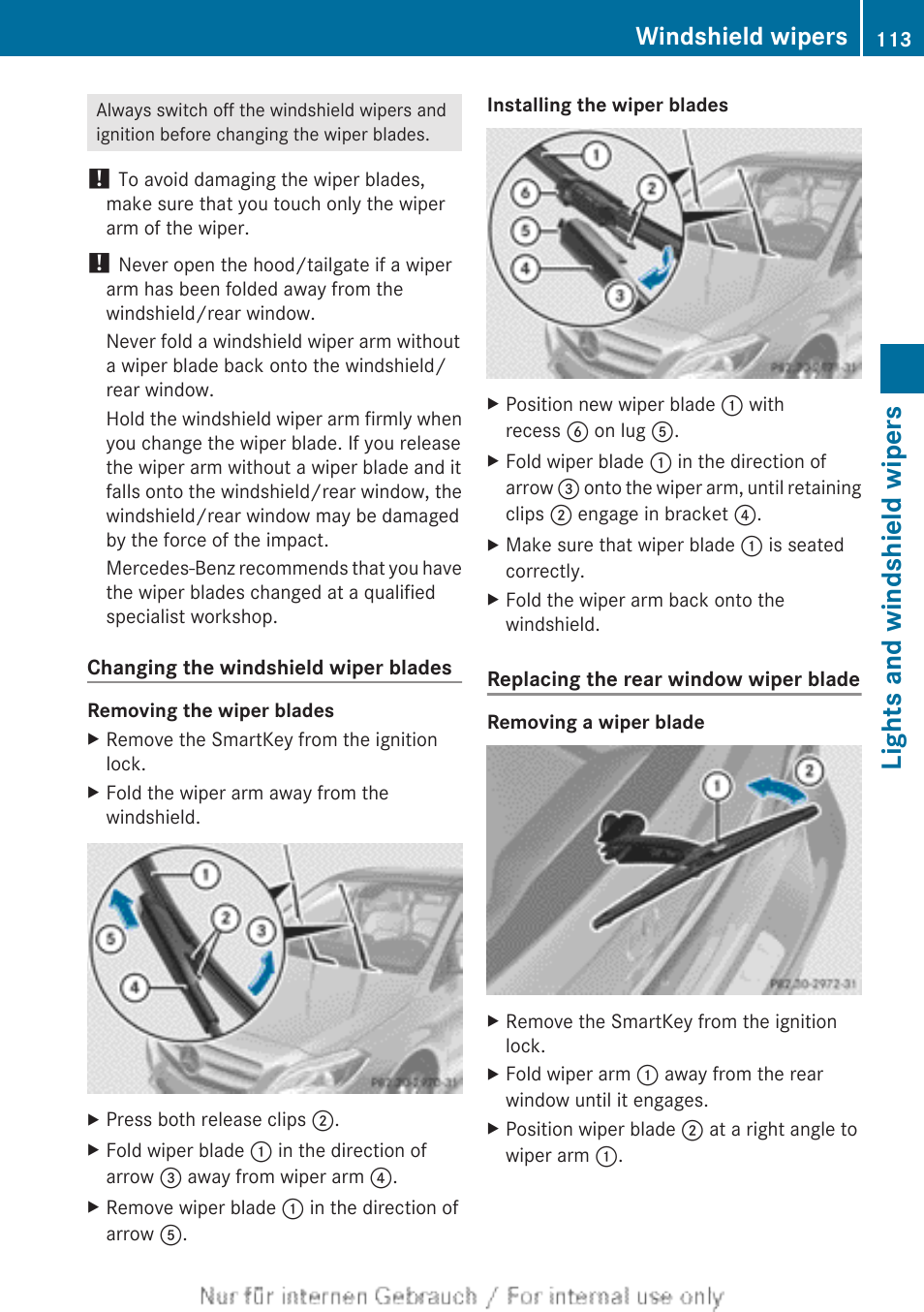 Lights and windshield wipers, Windshield wipers | Mercedes-Benz 2012 B Class User Manual | Page 115 / 340