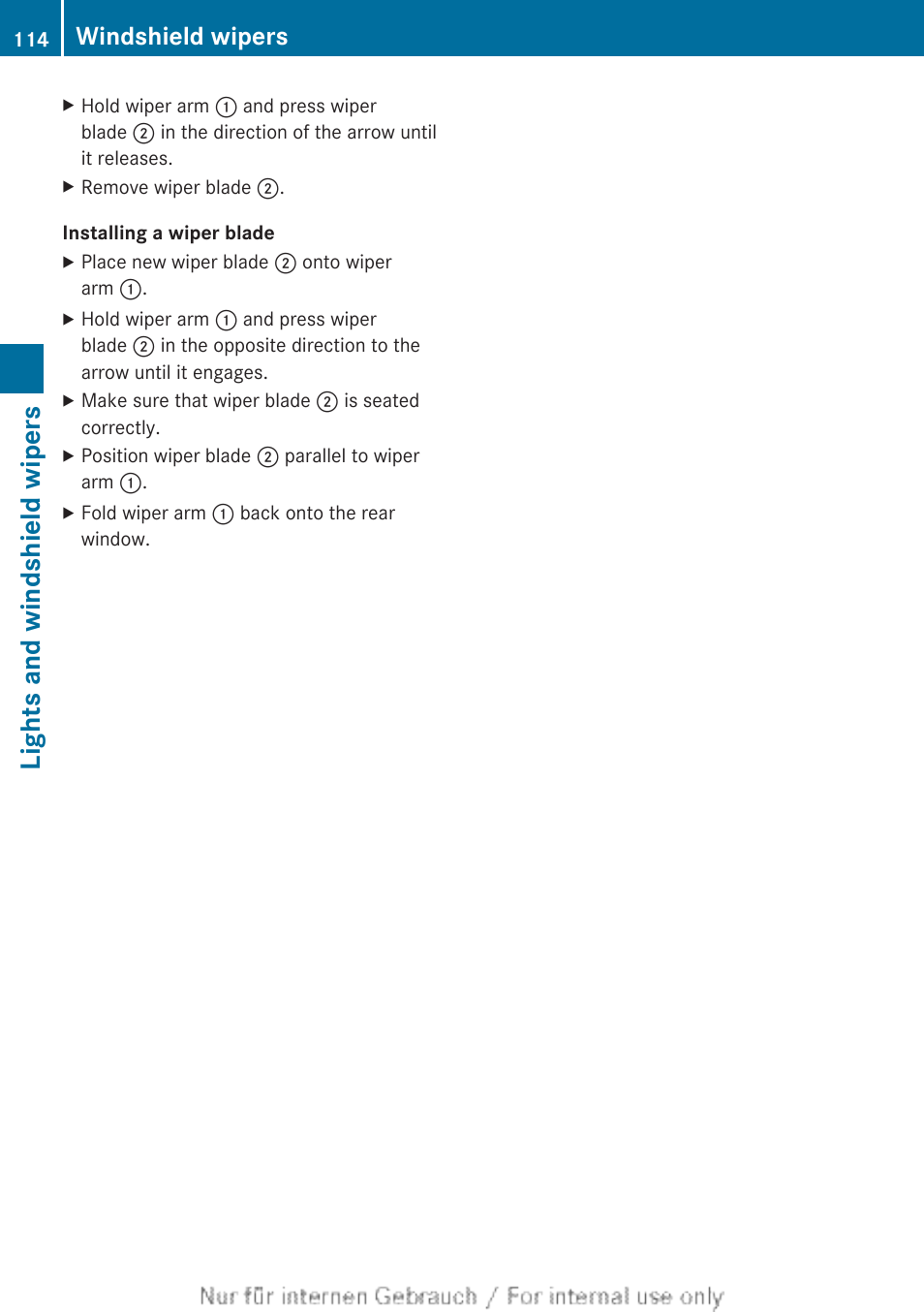 Lights and windshield wipers, Windshield wipers | Mercedes-Benz 2012 B Class User Manual | Page 116 / 340