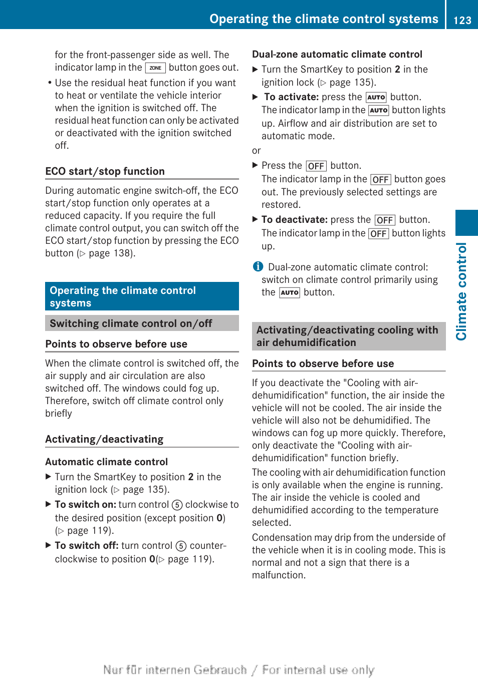 Operating the climate control systems, Switching climate control on/off, Climate control | Mercedes-Benz 2012 B Class User Manual | Page 125 / 340