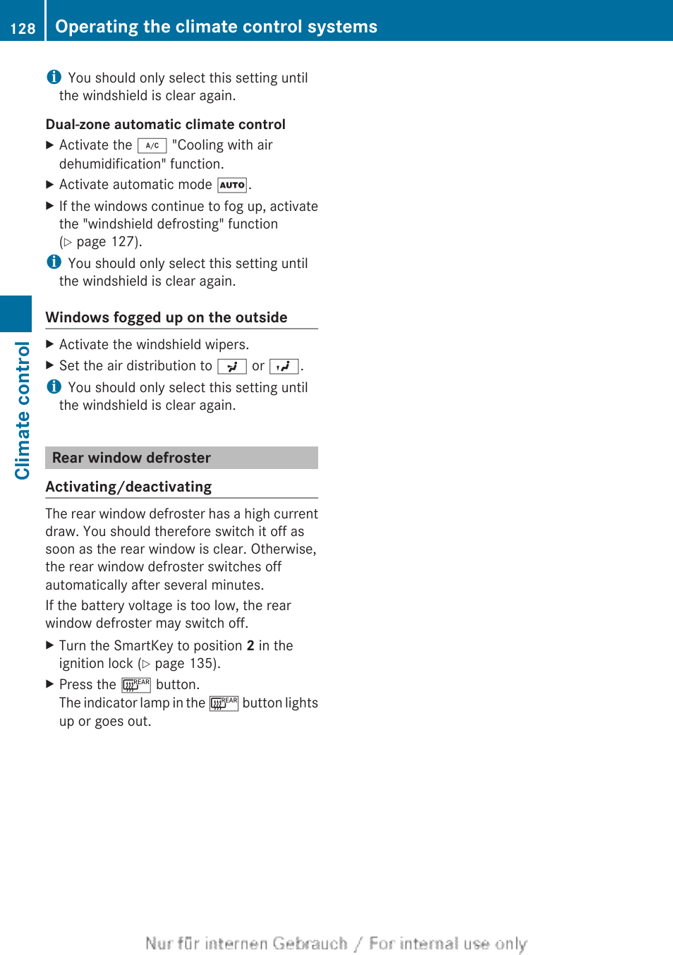 Rear window defroster, Climate control, Operating the climate control systems | Mercedes-Benz 2012 B Class User Manual | Page 130 / 340