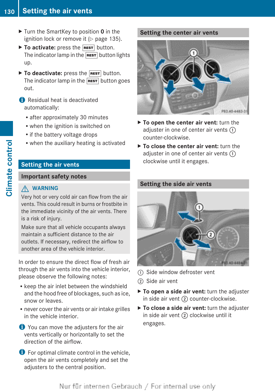 Setting the air vents, Important safety notes, Setting the center air vents | Setting the side air vents, Climate control | Mercedes-Benz 2012 B Class User Manual | Page 132 / 340