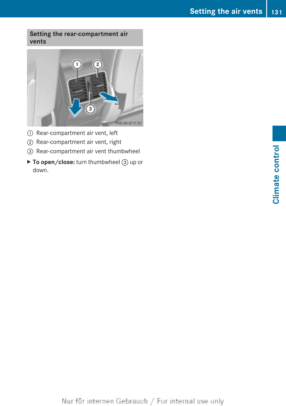 Setting the rear-compartment air vents, Climate control, Setting the air vents | Mercedes-Benz 2012 B Class User Manual | Page 133 / 340