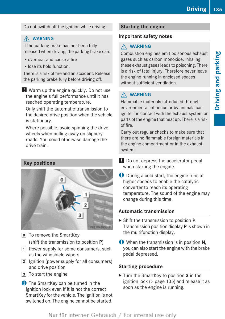 Key positions, Starting the engine, Driving and parking | Driving | Mercedes-Benz 2012 B Class User Manual | Page 137 / 340