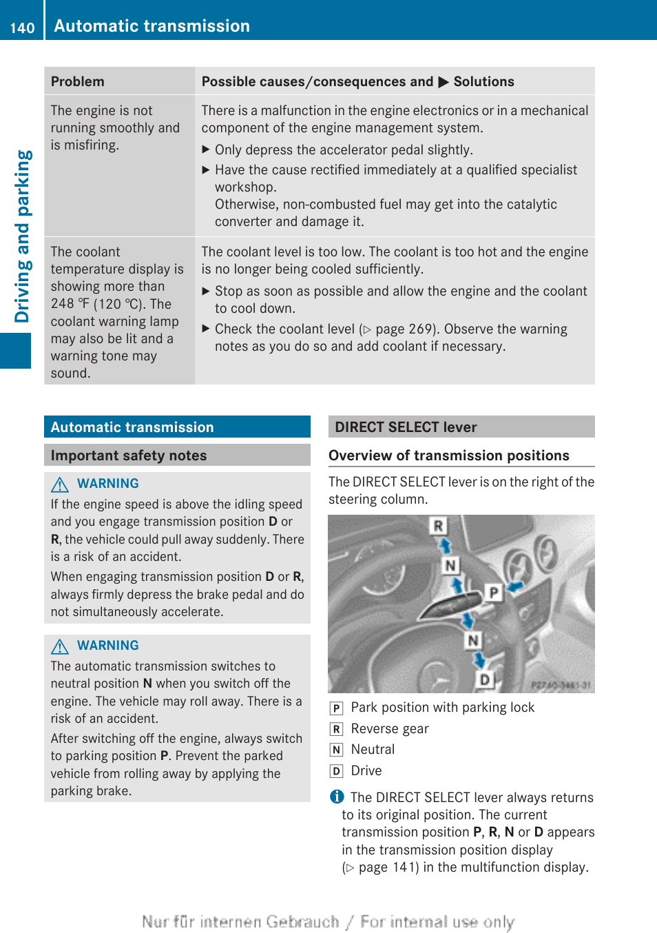 Automatic transmission, Important safety notes, Direct select lever | Driving and parking | Mercedes-Benz 2012 B Class User Manual | Page 142 / 340