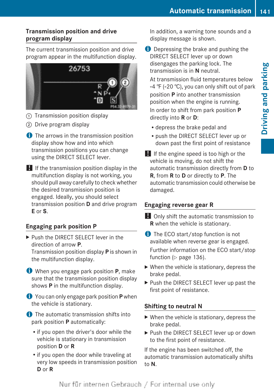 Driving and parking, Automatic transmission | Mercedes-Benz 2012 B Class User Manual | Page 143 / 340
