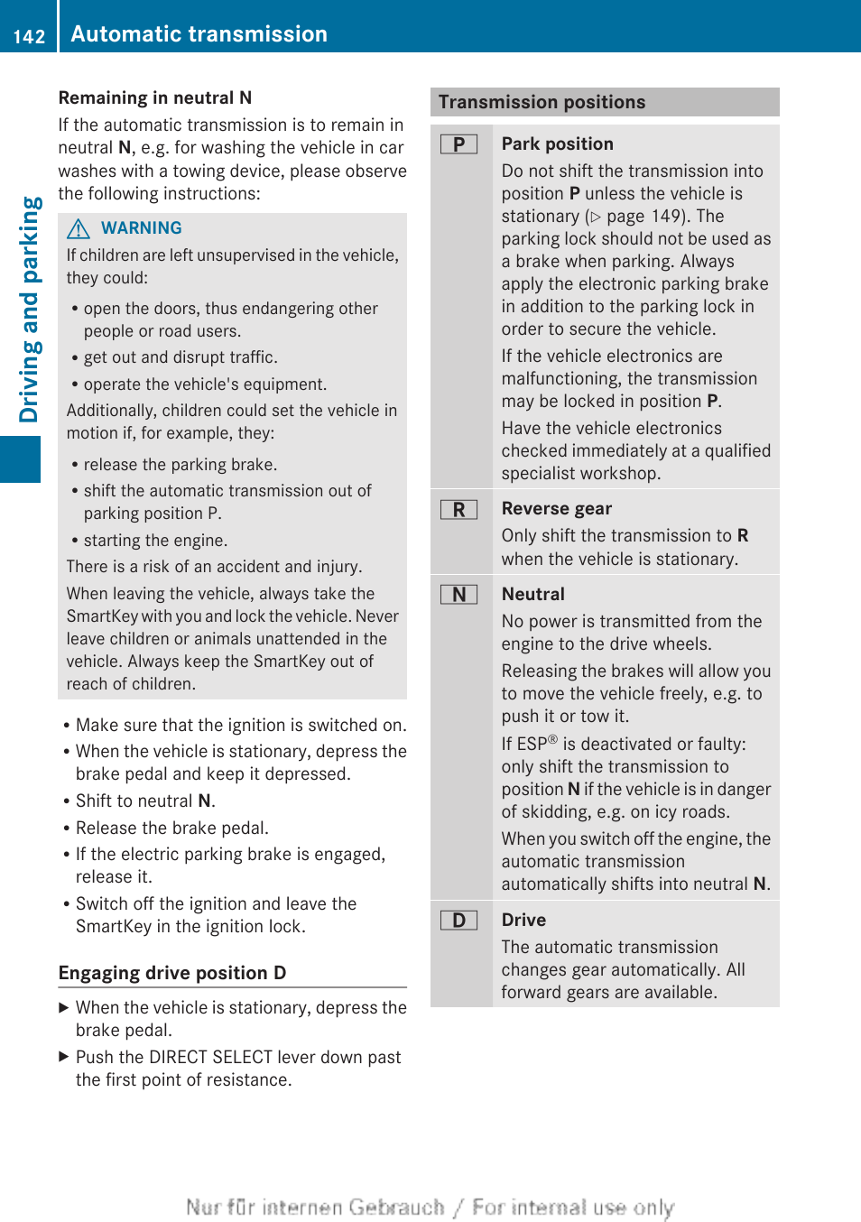 Transmission positions, Driving and parking, Automatic transmission | Mercedes-Benz 2012 B Class User Manual | Page 144 / 340