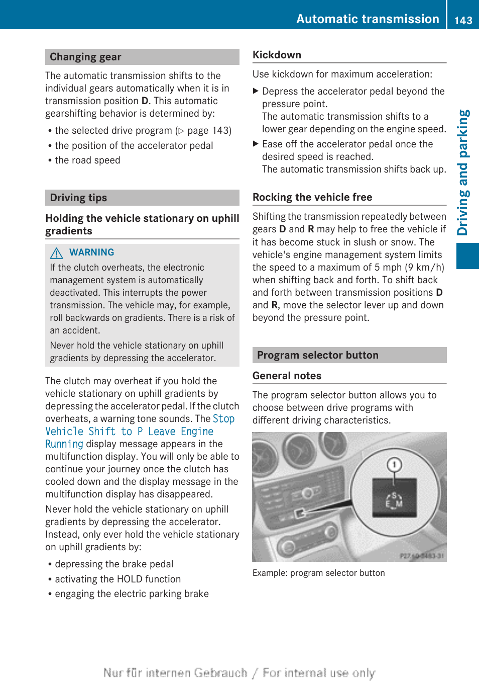 Changing gear, Driving tips, Program selector button | Driving and parking, Automatic transmission | Mercedes-Benz 2012 B Class User Manual | Page 145 / 340