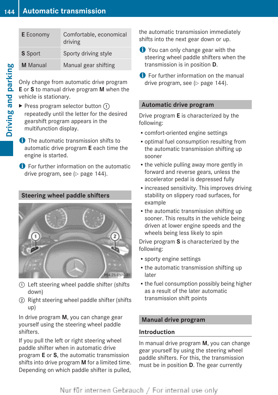 Steering wheel paddle shifters, Automatic drive program, Manual drive program | Driving and parking, Automatic transmission | Mercedes-Benz 2012 B Class User Manual | Page 146 / 340