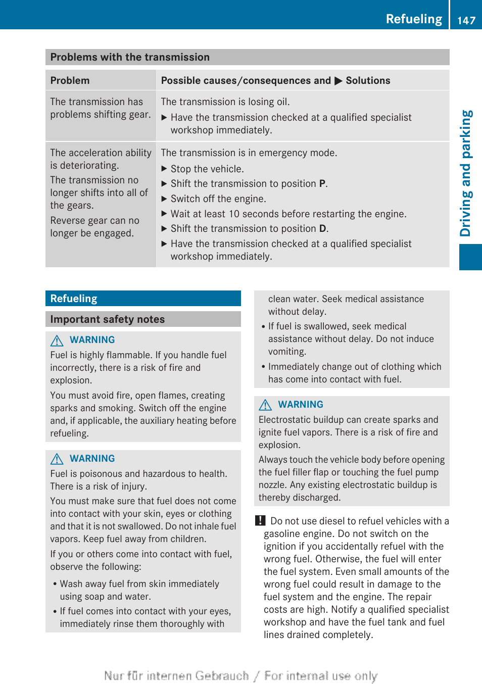 Problems with the transmission, Refueling, Important safety notes | Driving and parking | Mercedes-Benz 2012 B Class User Manual | Page 149 / 340