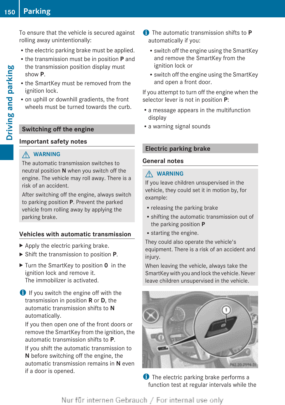 Switching off the engine, Electric parking brake, Driving and parking | Parking | Mercedes-Benz 2012 B Class User Manual | Page 152 / 340