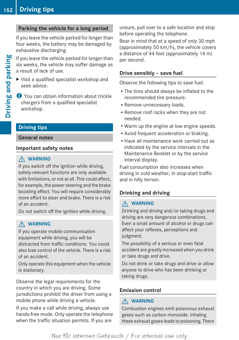 Parking the vehicle for a long period, Driving tips, General notes | Driving and parking | Mercedes-Benz 2012 B Class User Manual | Page 154 / 340