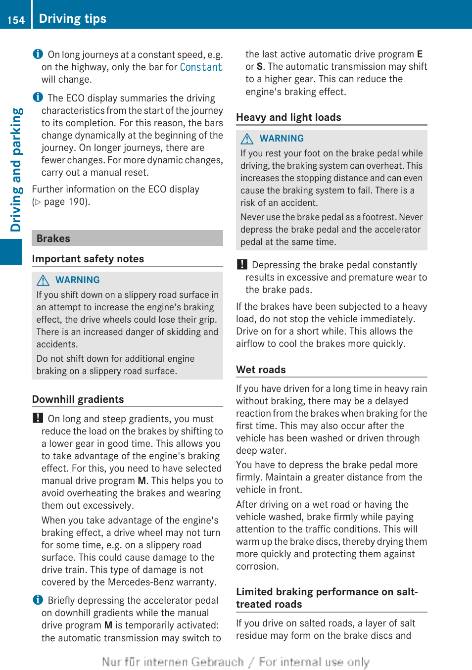 Brakes, Driving and parking, Driving tips | Mercedes-Benz 2012 B Class User Manual | Page 156 / 340